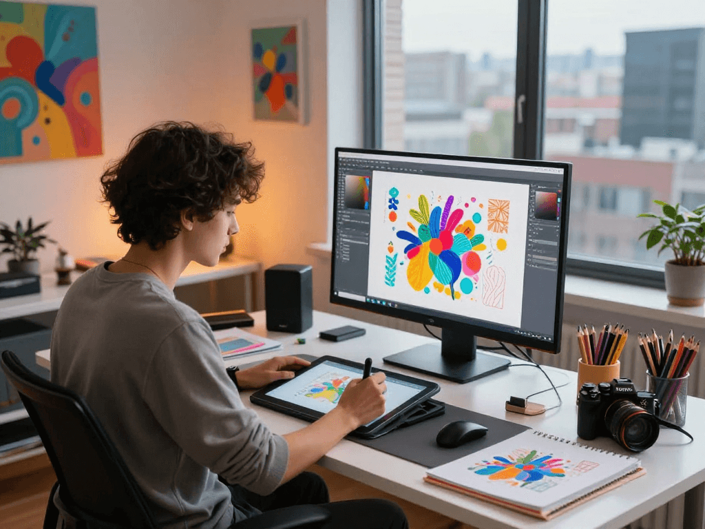 AI NSFW artist creating vibrant digital artwork in modern studio.