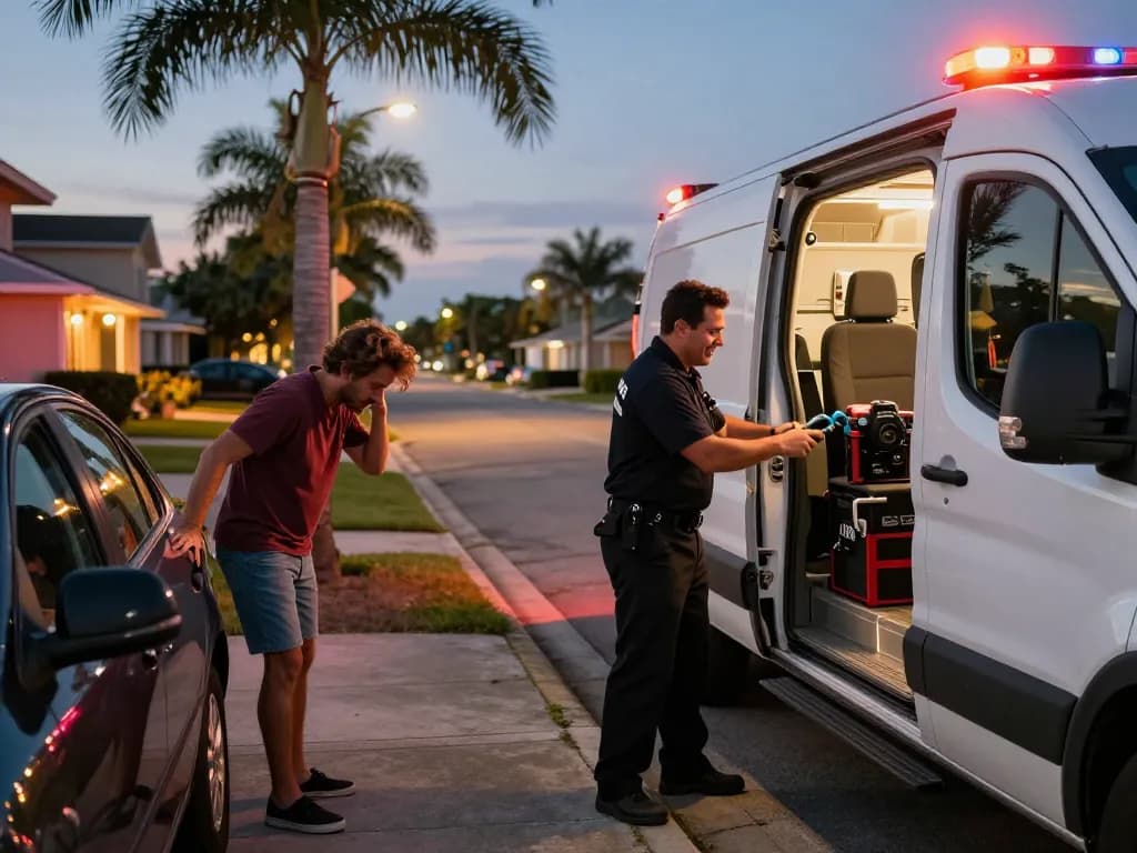 Emergency locksmith Stuart assisting a distressed homeowner while unlocking a car, showcasing professionalism and trust.