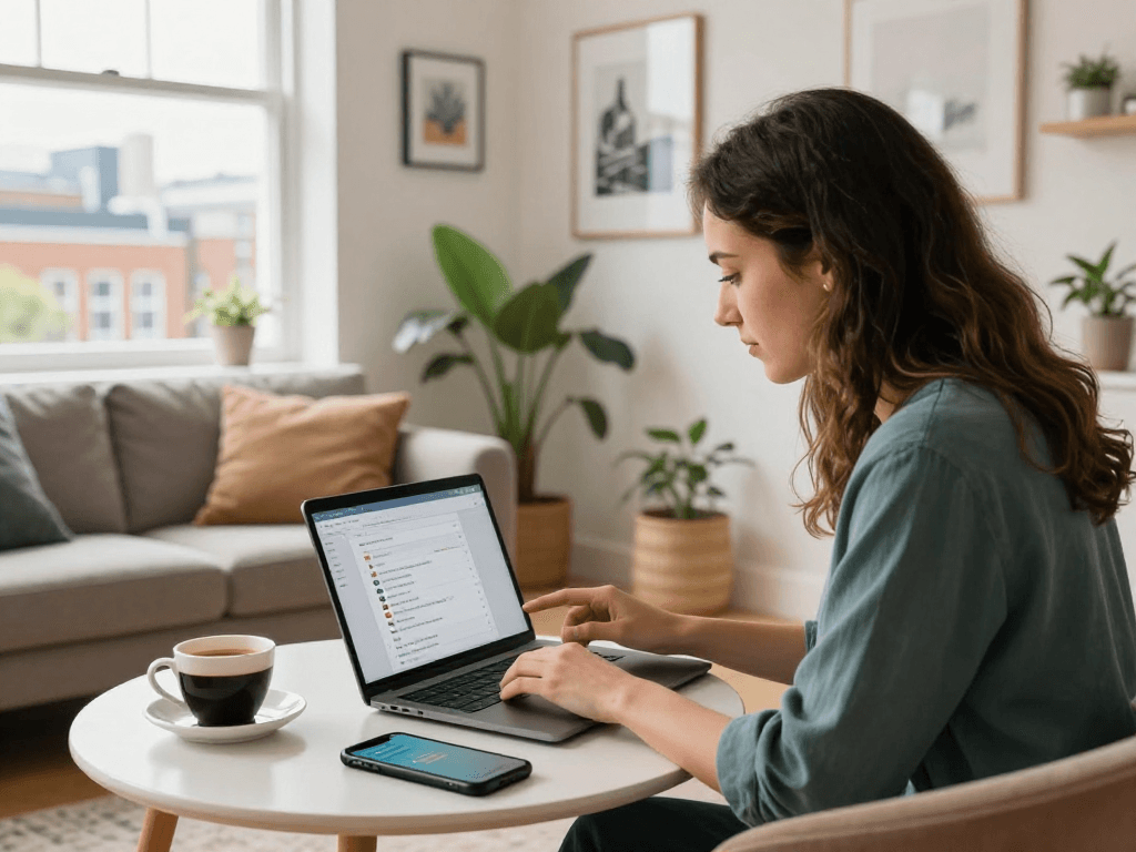 airbnb management bristol scene showcasing a local property manager coordinating bookings in a stylish urban home environment.