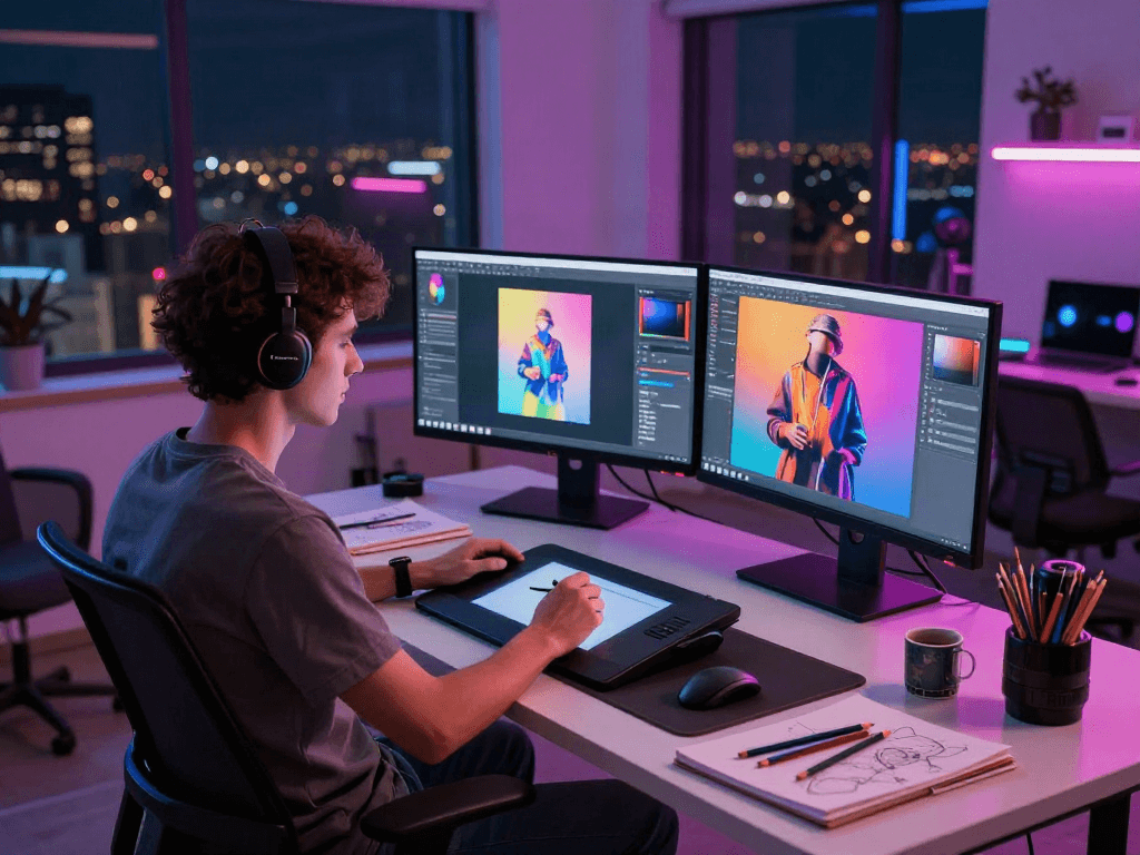 Digital artist creating AI NSFW artwork in a vibrant workspace.