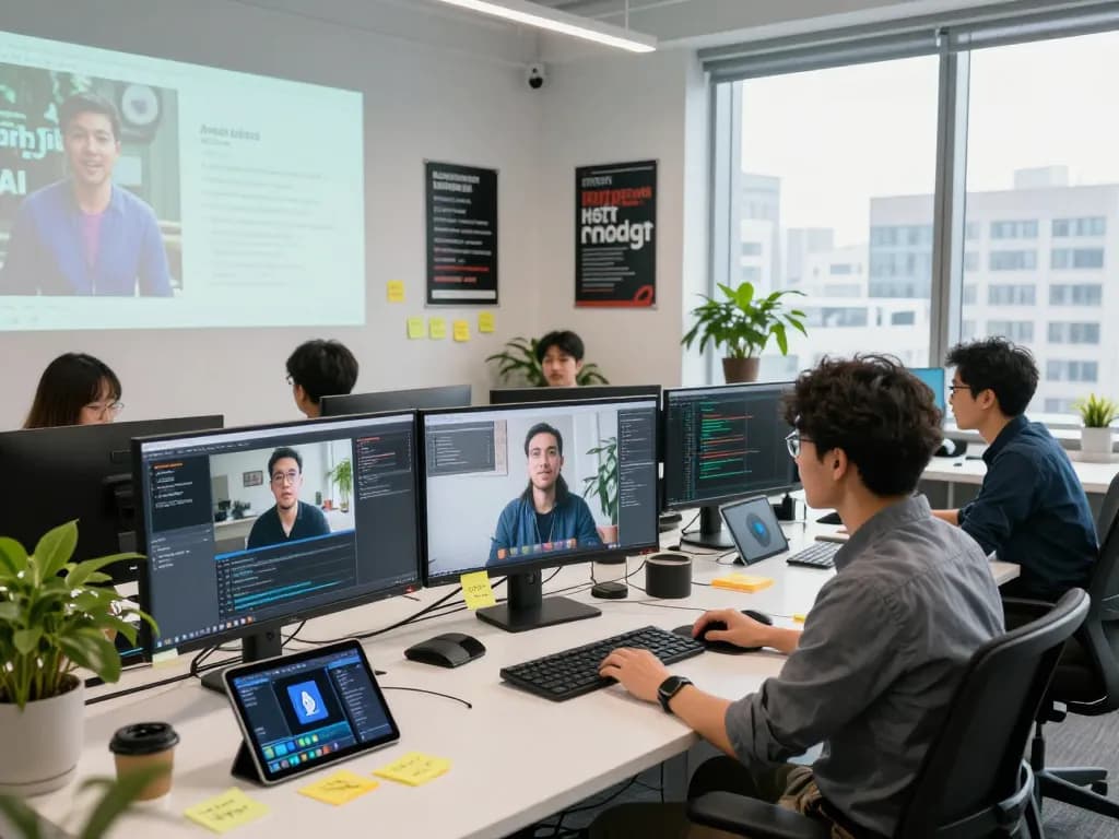 Dynamic workspace showcasing video to prompt ai technology, featuring a developer analyzing video feeds and visual prompts.