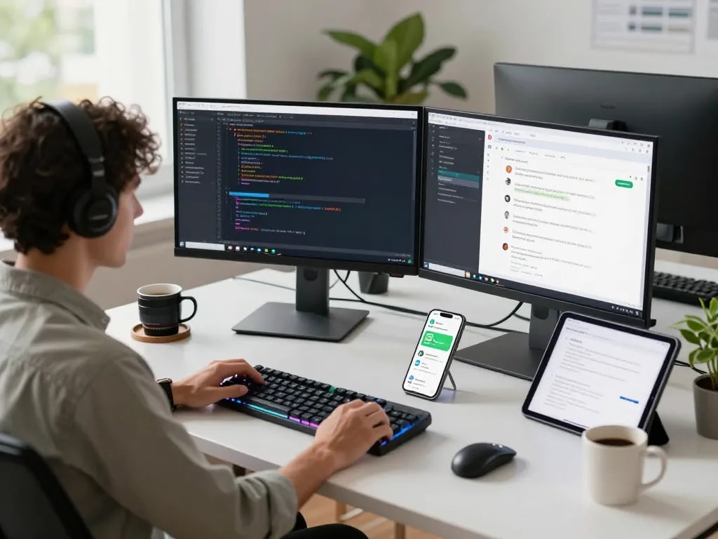 Developer utilizing clawbot in a modern tech workspace with dual monitors and chat app notifications.