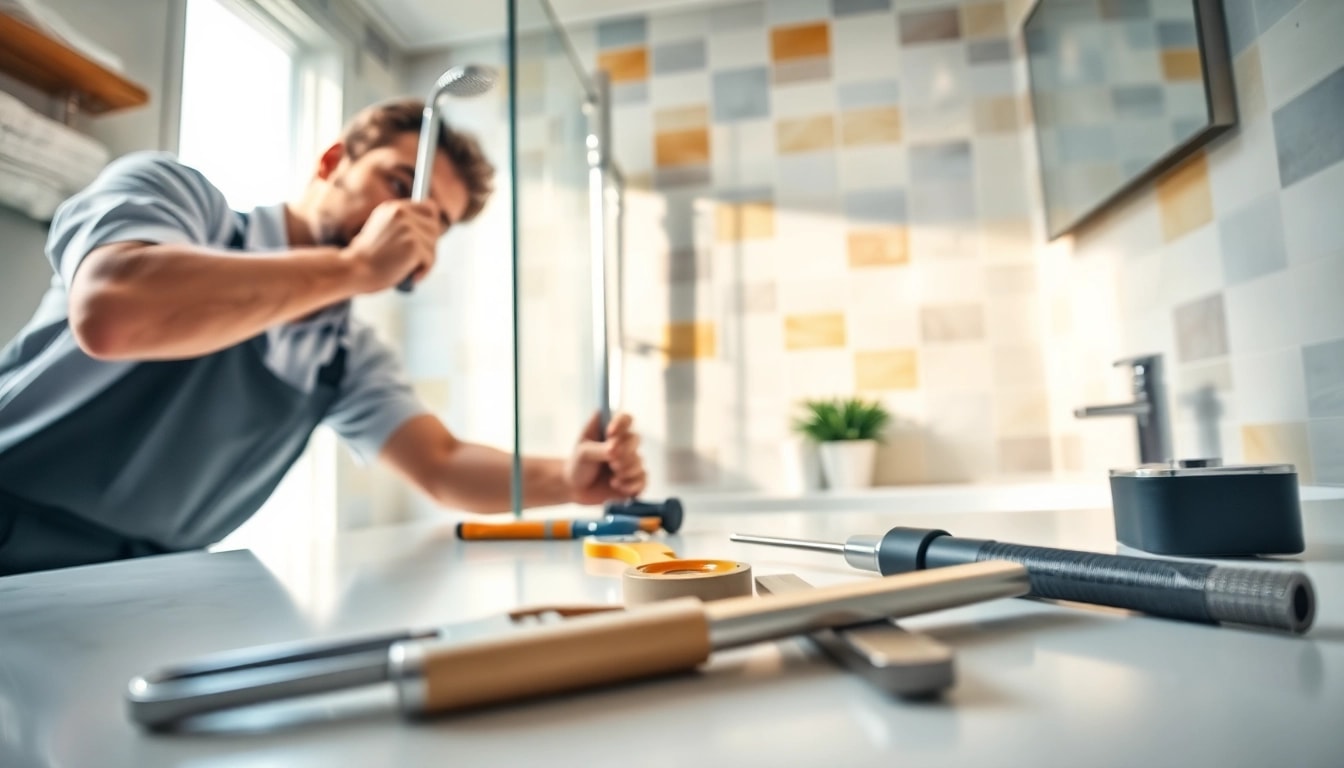 A plumber repairing a shower not working in a modern bathroom setting, showcasing tools and bright decor.