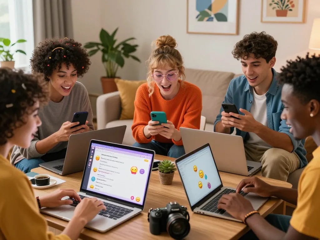Engaging spicy chat among diverse friends in a cozy living room, laptops and smartphones highlighting vibrant emotions and connections.