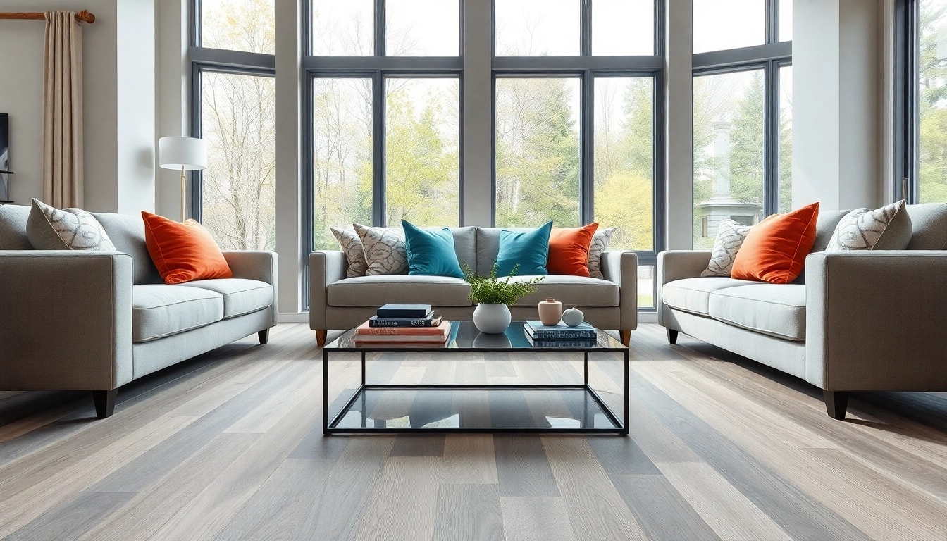 Stylish grey oak LVP flooring enhancing a chic Chicago living room design.