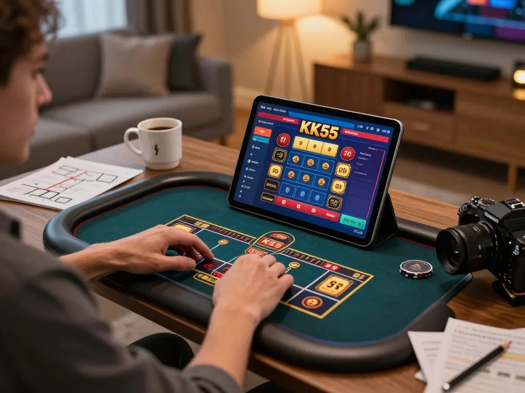 Engaging with KK55 on a tablet in a stylish home gaming setup, showcasing responsible gaming.