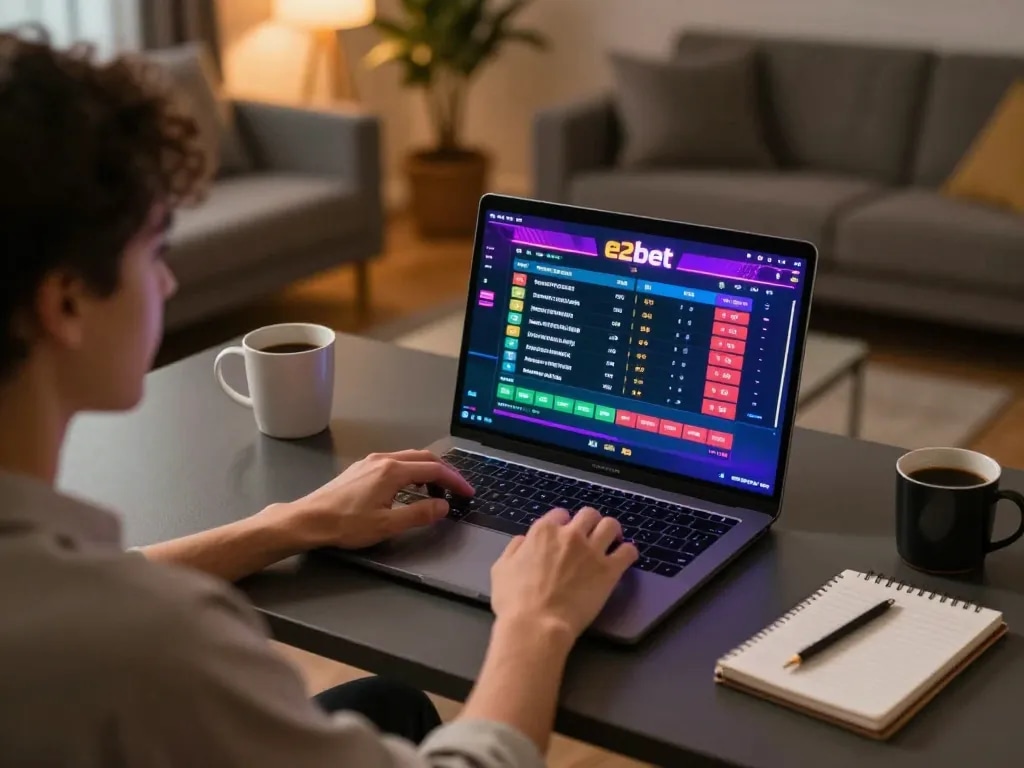 Engaging in live betting on e2bet with laptop displaying dynamic odds and gaming options