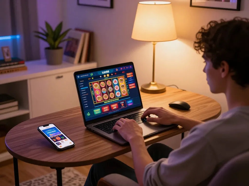 Playing exciting games on LUCK8 online casino platform with cozy home setup.