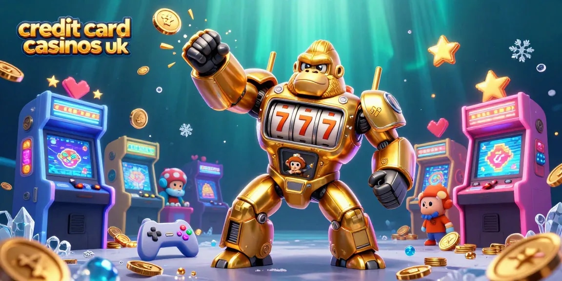 Experience thrilling gaming action at credit card casinos uk with a dynamic 3D illustration of a gorilla mech and arcade elements.