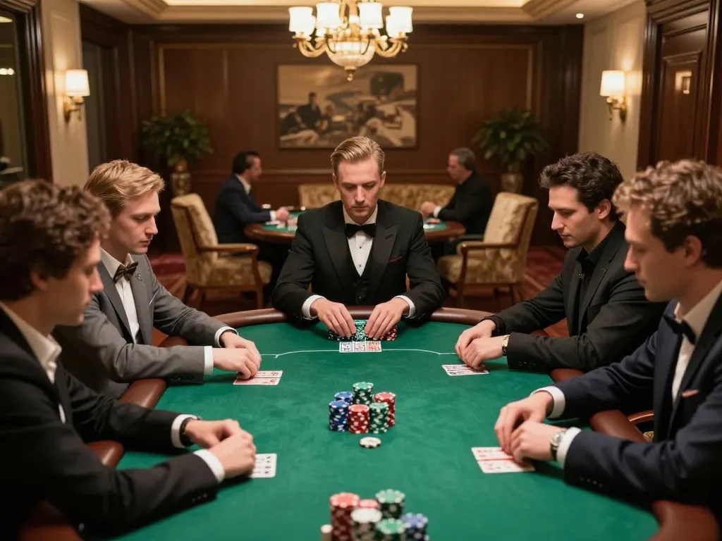 Players strategizing at a high-stakes card game in elegant setting, showcasing u888 excitement.