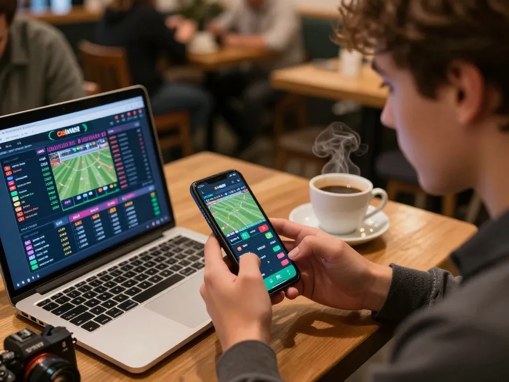 Experience exciting mobile sports betting with CM88 in a vibrant coffee shop setting.
