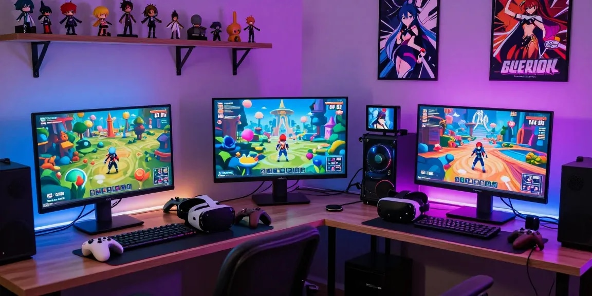 Immersive hentai game scene showing gamer in a vibrant fantasy setting.