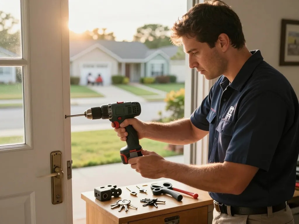 Expert local locksmith Fort Pierce repairing residential door lock with tools