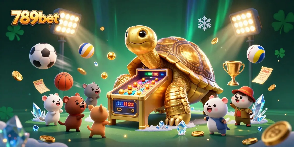 Engage with 789bet's thrilling gaming experience featuring a golden tortoise pinball machine and vibrant sports elements.