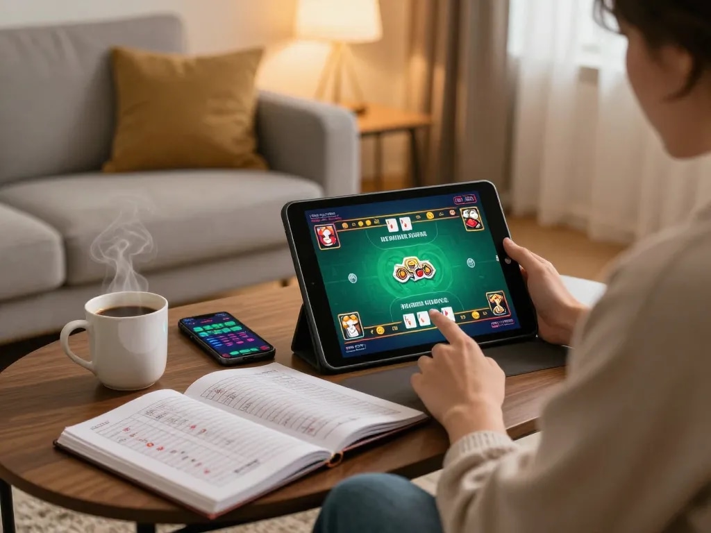 link uu88 engaging online poker gameplay in a cozy home setup with betting strategies.