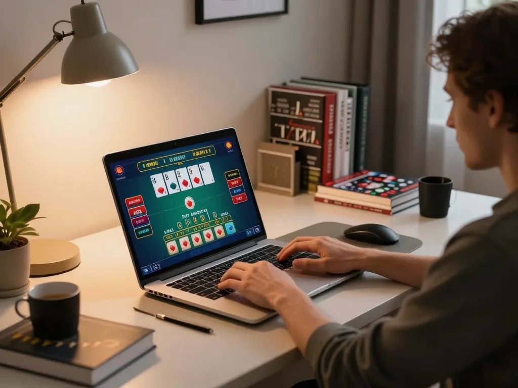 Player engaging in online blackjack at 678vip, showcasing strategic gameplay in a modern home setting.