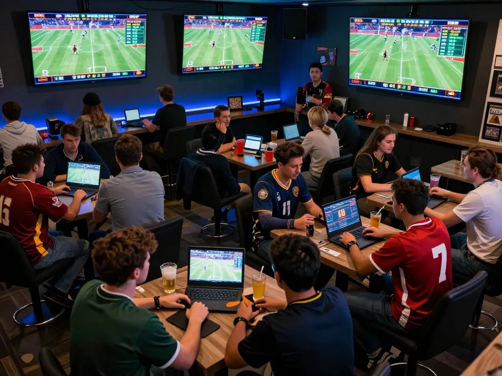 Engaged bettors strategizing on Net88 mobile app displaying live betting odds in a vibrant sports bar setting