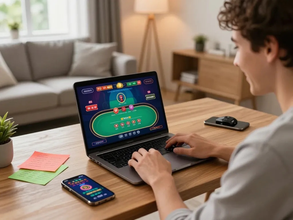 Player enjoying online casino gameplay on a laptop, exploring 88aa gaming options with engaging atmosphere.