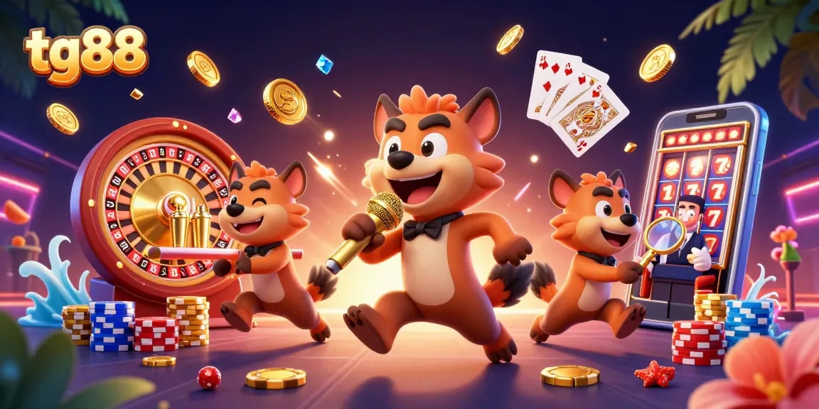 Win big with exciting games at tg88, featuring animated hyenas in a vibrant casino scene.