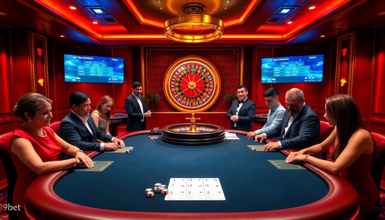 Experience the excitement of i9bet with a lively casino scene featuring high-stakes poker and roulette.