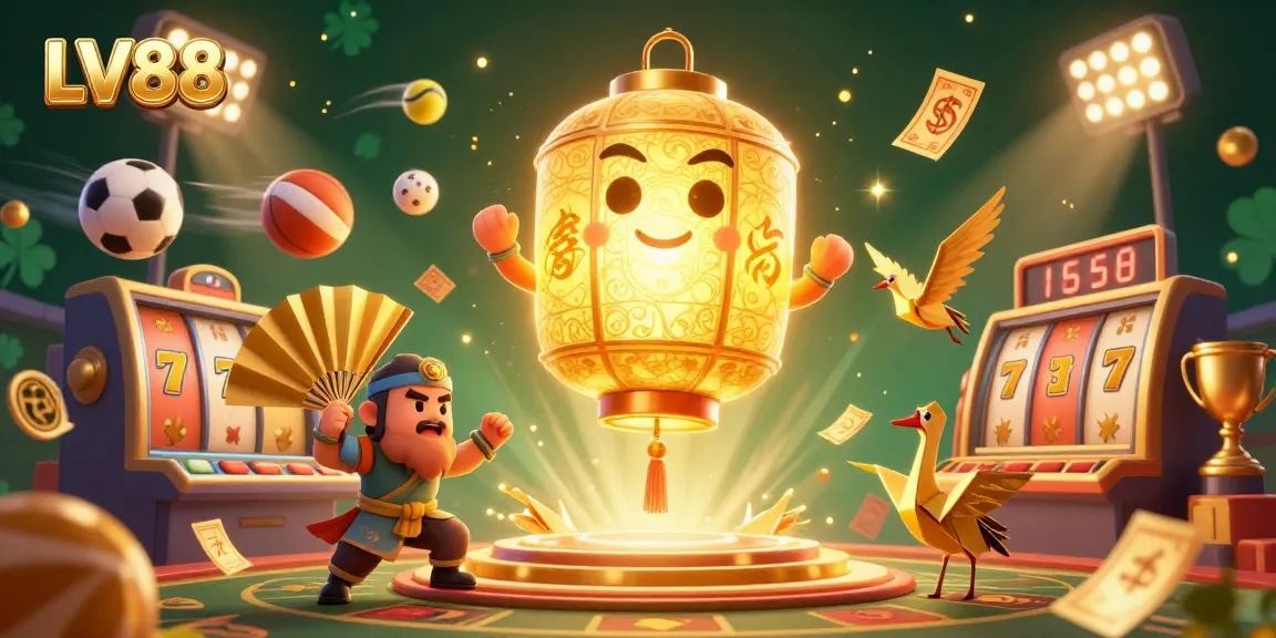 Experience the excitement of LV88 with this vibrant casino scene filled with lucky symbols and engaging game elements.