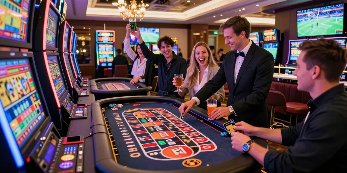 Exciting scene at a modern casino featuring players using credit cards at digital gaming terminals, showcasing https://transact.org.uk with vibrant atmosphere.