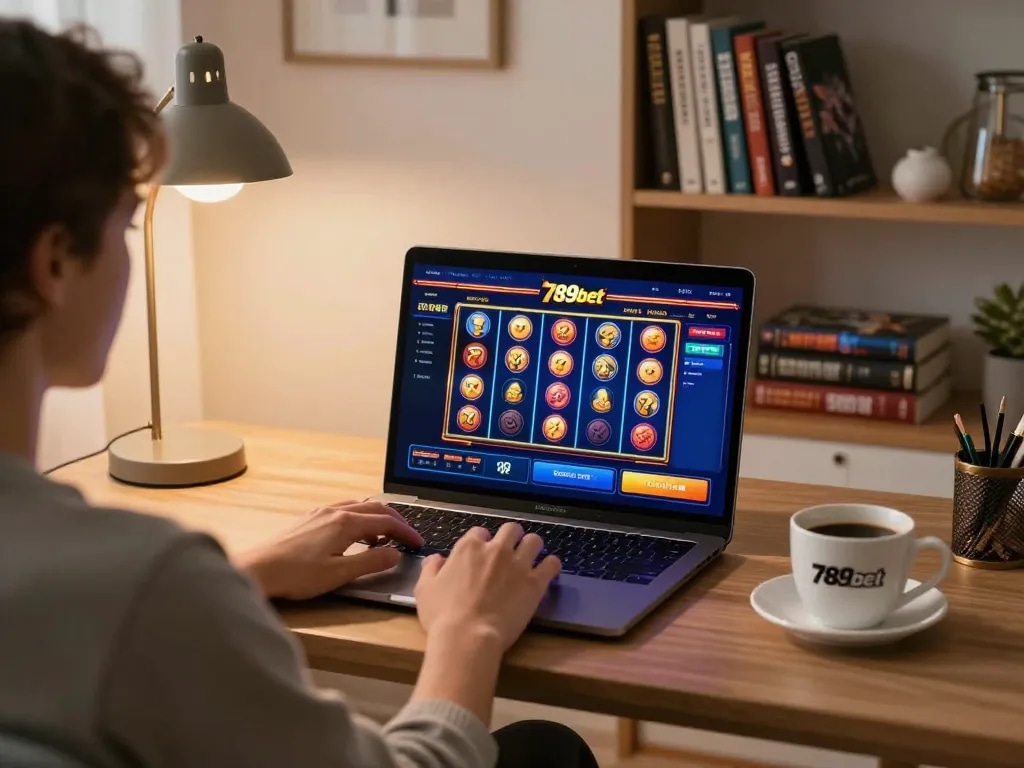 Experience exciting gameplay on 789bet slots in a cozy home office setting with dynamic visuals.