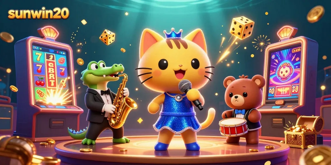 Experience the excitement of sunwin20 with a vibrant 3D casino scene featuring singing cats and jackpot symbols!