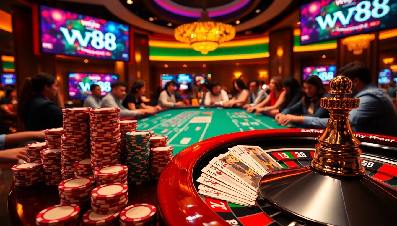 Players at ww88 casino engaging in high-stakes poker with vibrant gaming elements.