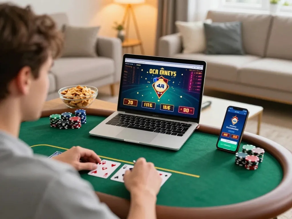 Engaging online poker gameplay on Bem88 from a cozy living room setting, highlighting strategic moments.