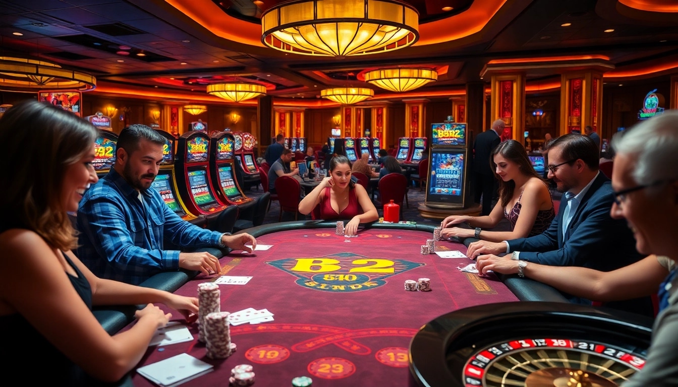 Players experiencing thrilling games at the B52 casino table with vibrant colors and excitement.