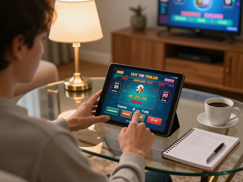 Engaging player focused on ko66 online casino game while using a tablet for betting