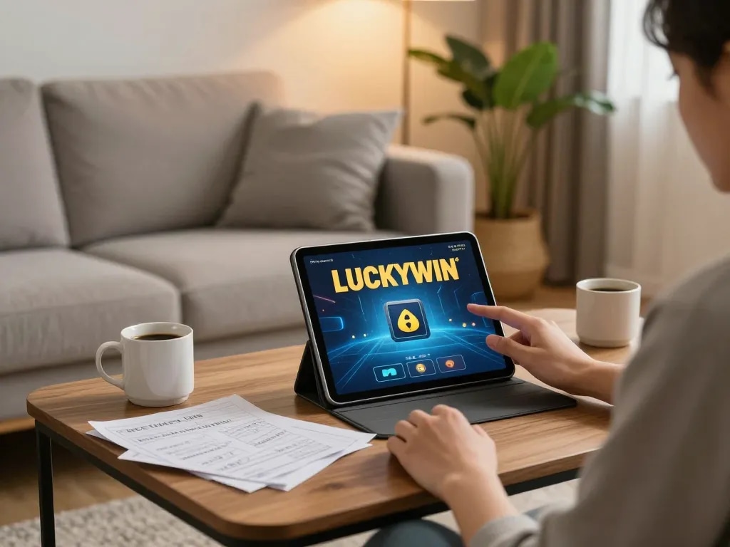 Engaging with LUCKYWIN on a tablet in a cozy living room setting, enjoying strategic gameplay.