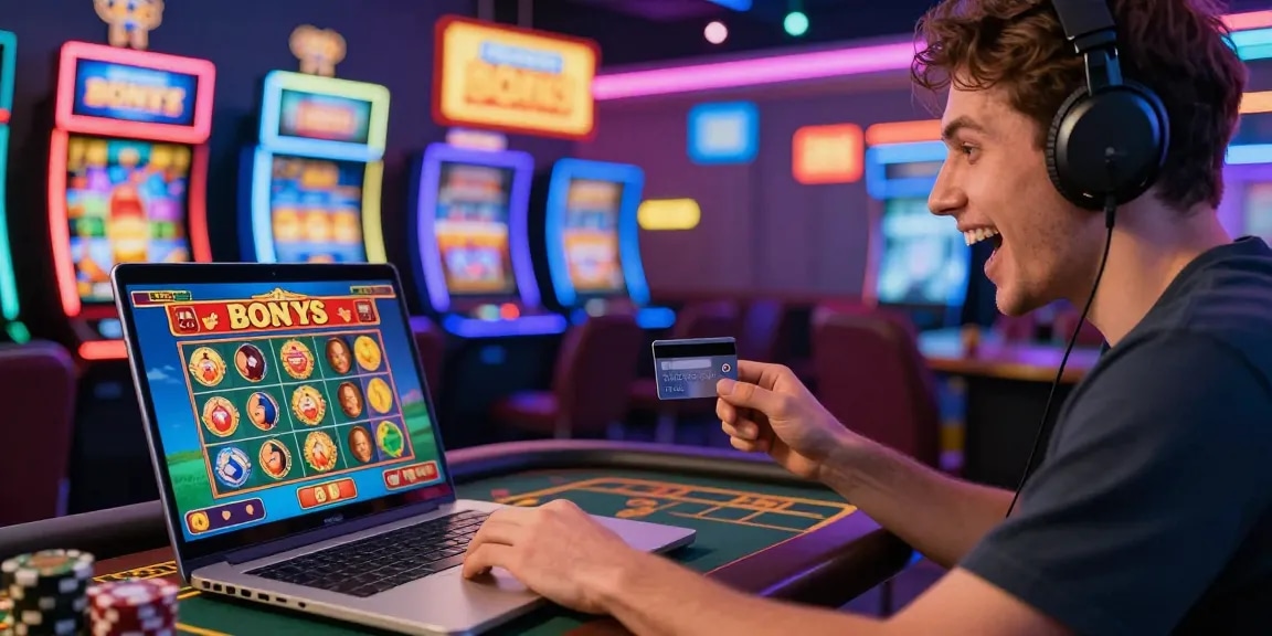 Engaged player using credit card at an online casino, showcasing excitement in a vibrant gaming environment filled with slot machines and promotions.