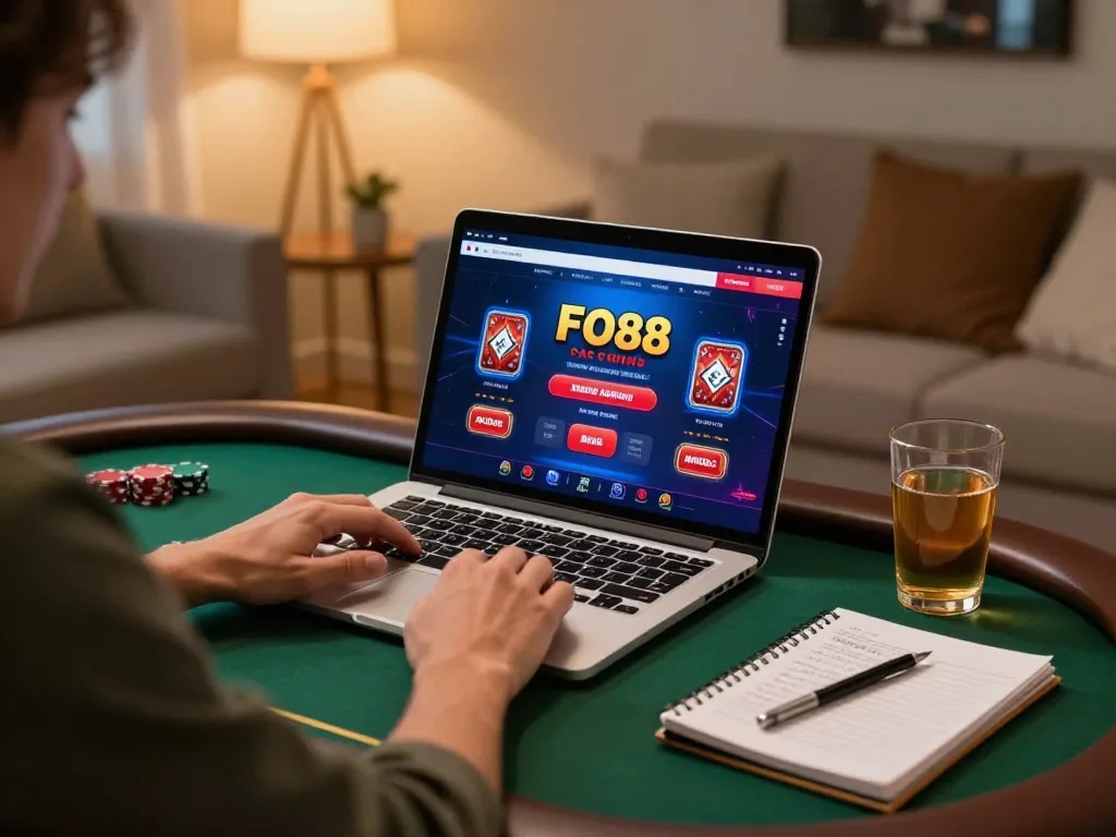 Engaged player exploring FO88 casino platform on laptop, showcasing strategic online gambling.