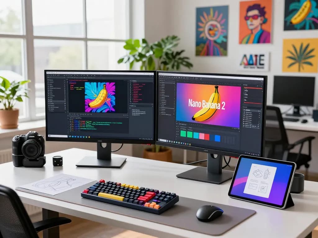 Developer using Nano Banana 2 in a vibrant tech workspace with dual monitors and creative AI applications.
