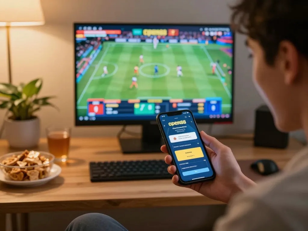 Engaging online sports betting moment with open88 link displayed on smartphone, excitement and vibrant atmosphere.