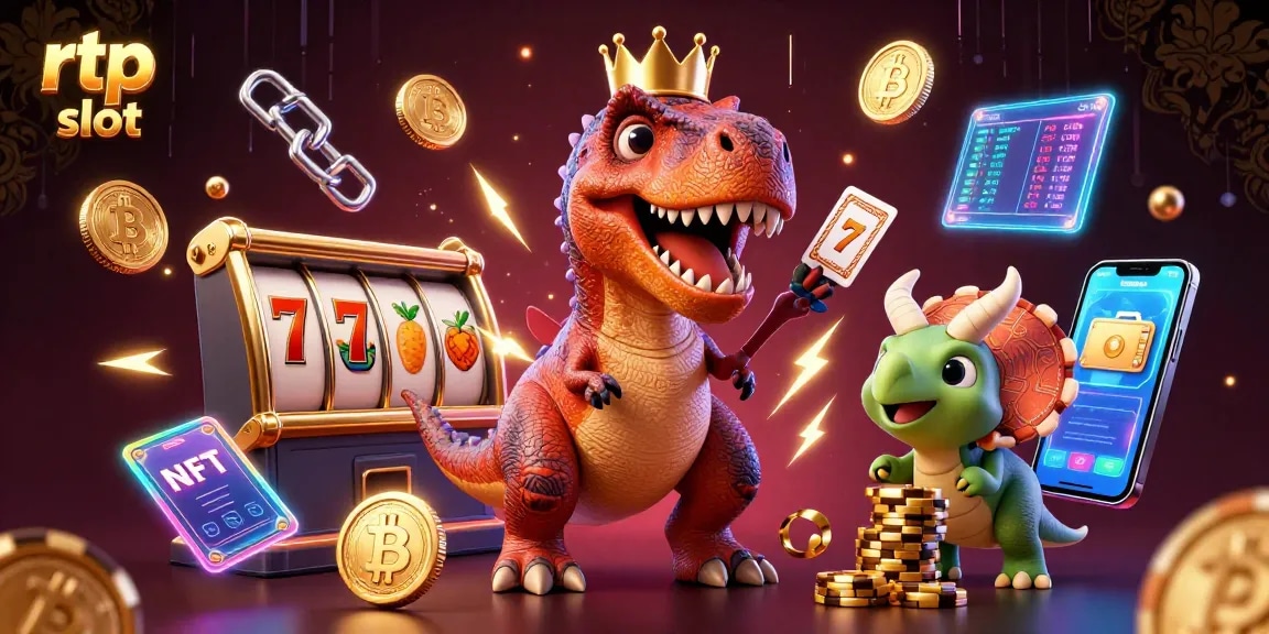 Experience rtp slot excitement with dinosaurs and crypto in a vibrant casino scene.