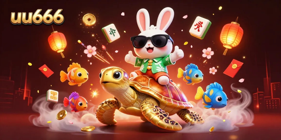 uu666 showcases a lucky rabbit and a sea turtle celebrating casino wins in a vibrant digital illustration.