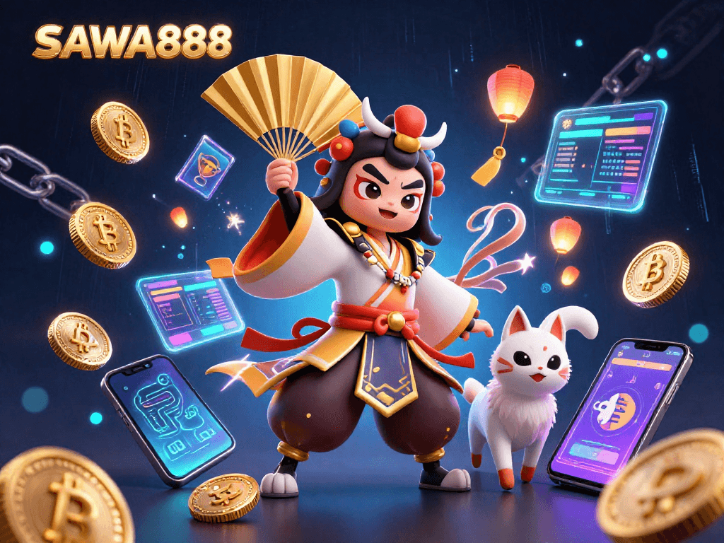 Engage with SAWA888's vibrant 3D casino scene featuring dynamic characters and crypto elements