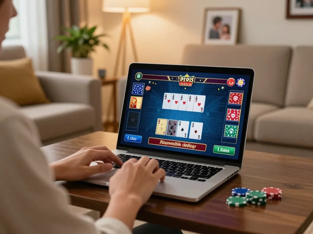 Engaging in live casino play at home with 88FC on a laptop, emphasizing responsible gaming.