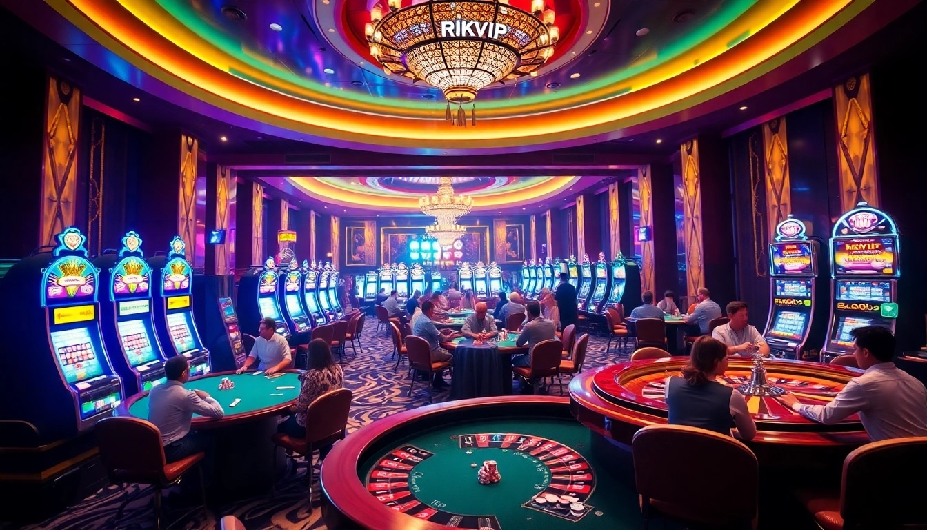 Engage in thrilling play at rikvip casino tables with vibrant poker action and colorful slot machines.