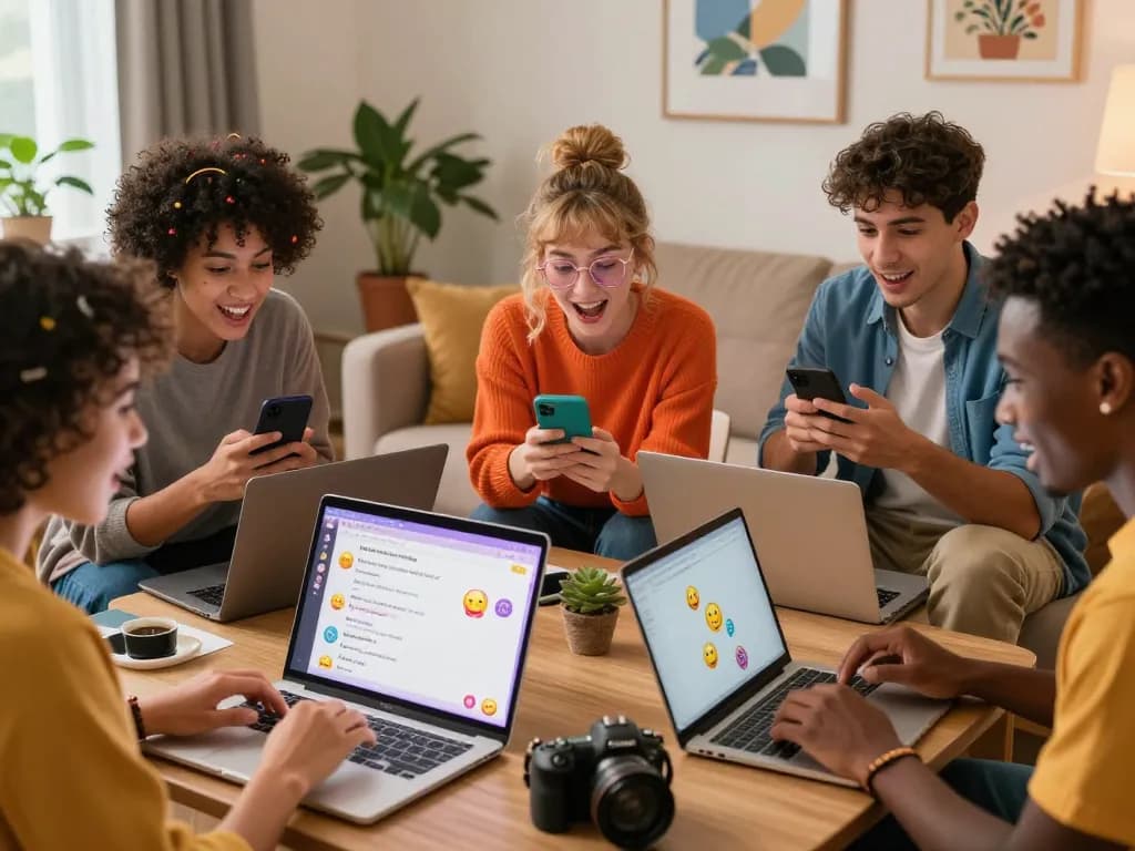 Engaging spicy chat among diverse friends in a cozy living room, laptops and smartphones highlighting vibrant emotions and connections.