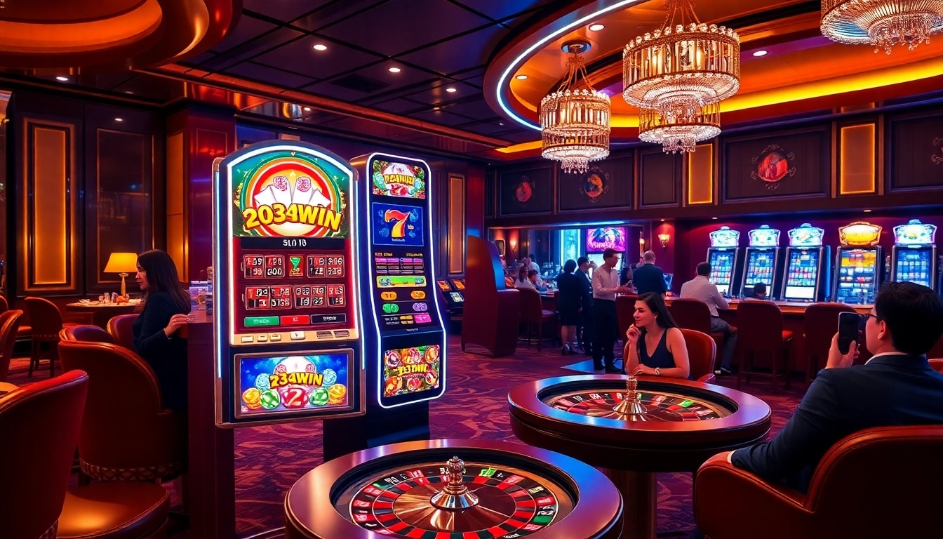 Engage with nổ hũ 33win 33win68 at a luxurious casino, showcasing vibrant slot machines and excited players.