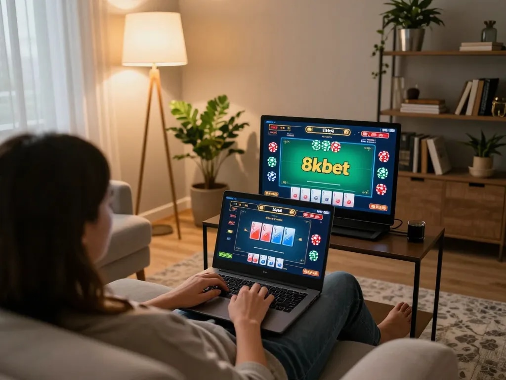 Engaging in online gaming at 8kbet, the player strategizes with laptop and poker interface in a cozy setting.