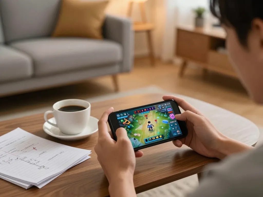 Player focusing on game bai doi thuong on smartphone in cozy living room setting