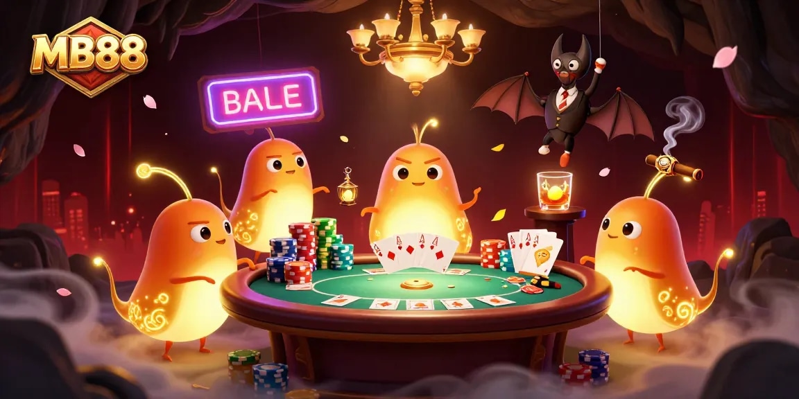 Đánh bài poker tại MB88 với đèn lồng chiếu sáng từ những đom đóm và một chú dơi làm dealer.