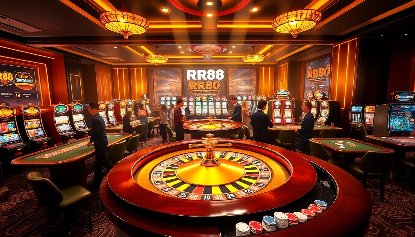 Participants enjoying the gaming experience at https://rr88.lat/, featuring poker tables and roulette wheels.