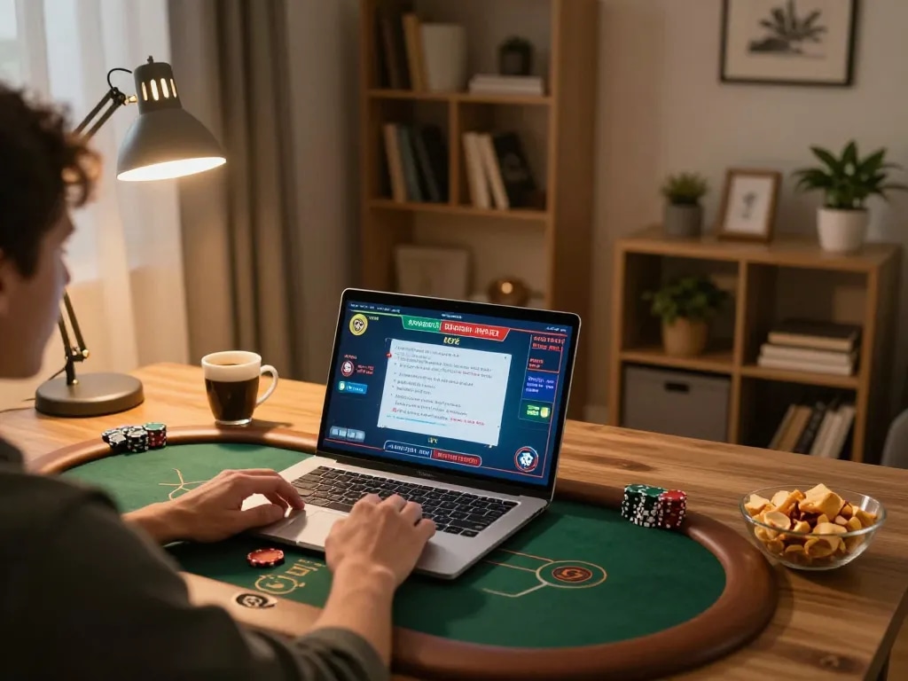Engaging in online poker at home on a laptop while using rik vip gaming strategies.