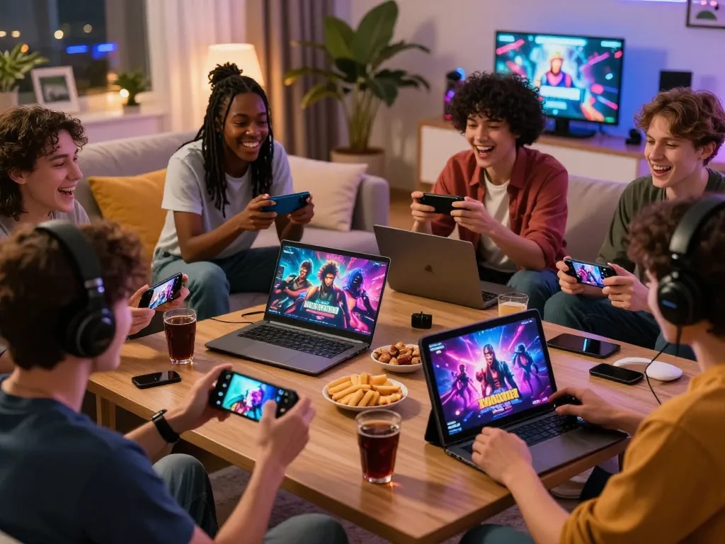 Group of friends enjoying porngames on various devices in a cozy living room
